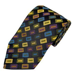 XMI Platinum Men’s Black Blue Gold Geometric 100% Silk Tie